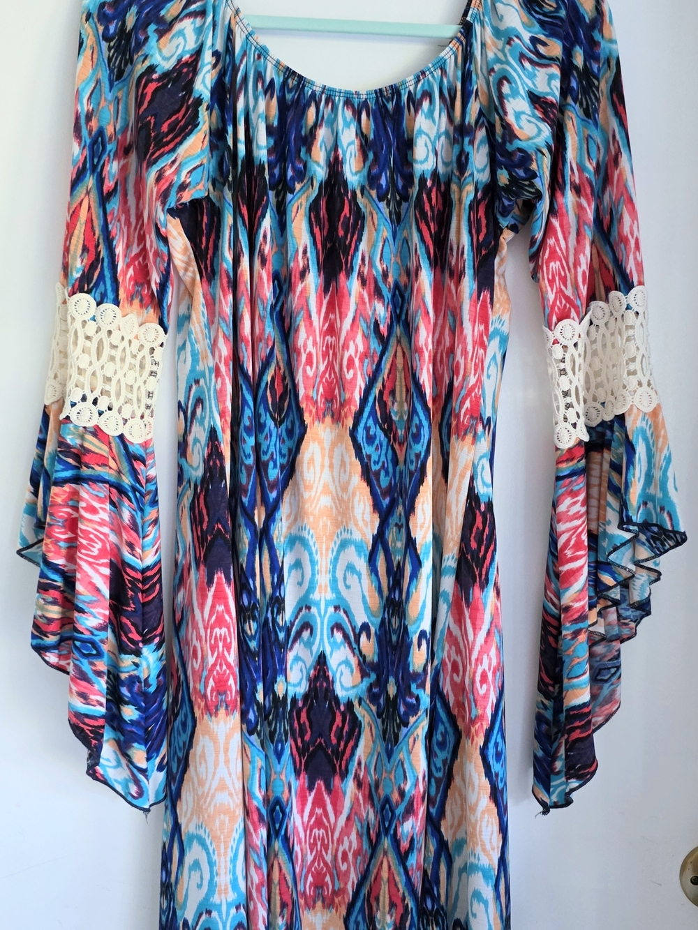 Pink Coconut Boho Ikat Print Bell Sleeve Maxi Dress - Turquoise Pink Coral XXL
